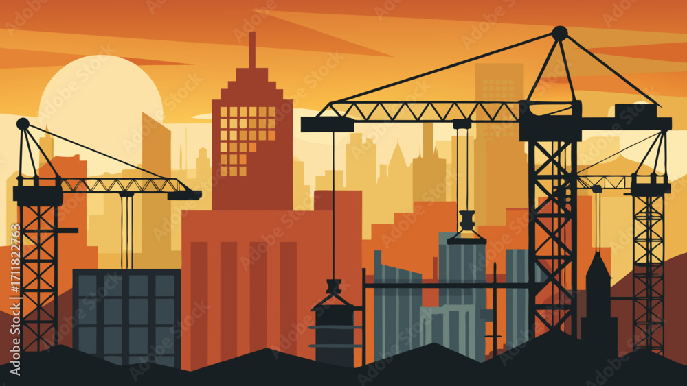 Obraz premium Vector art of construction site with cranes and buildings at sunset, a vibrant cityscape with a warm color palette, creating a dynamic and modern urban scene