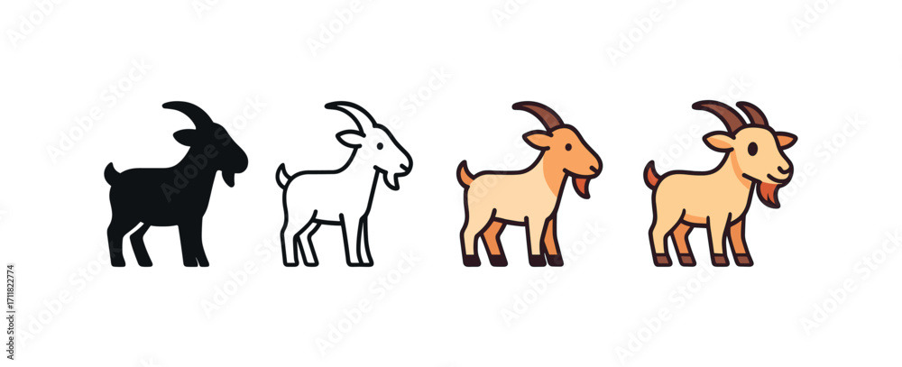 Obraz premium Vector icon farm goat same pose same proportions four styles black solid glyph outline minimal flat multicolor filled cartoon flat shaded.