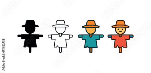 Vector icon farm scarecrow same pose same proportions four styles black solid glyph outline minimal flat multicolor filled cartoon flat shaded.