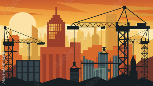 Vector art of construction site with cranes and buildings at sunset, a vibrant cityscape with a warm color palette, creating a dynamic and modern urban scene
