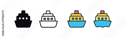 Vector icon travel cruise ship same pose same proportions four styles black solid glyph outline minimal flat multicolor filled cartoon flat shaded.