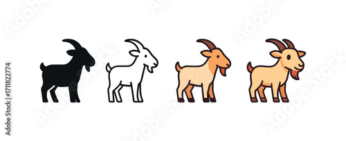 Vector icon farm goat same pose same proportions four styles black solid glyph outline minimal flat multicolor filled cartoon flat shaded.