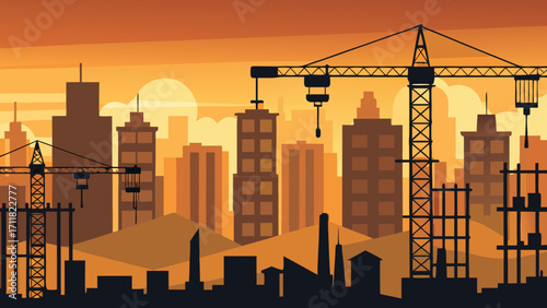 Vector art of golden hour silhouette of a construction site with cranes and buildings, symbolizing urban growth and the architectural landscape at dusk