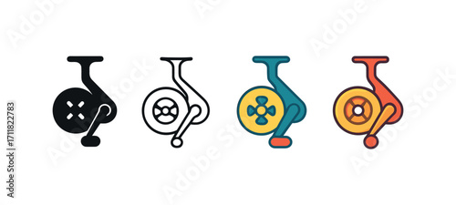 Vector icon fishing reel same pose same proportions four styles black solid glyph outline minimal flat multicolor filled cartoon flat shaded.