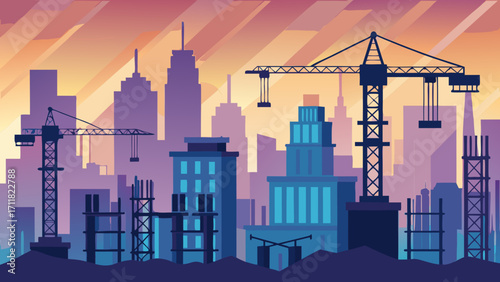 Illustration of a city skyline under construction at sunset, featuring cranes and various buildings in a colorful urban landscape