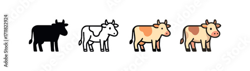 Vector icon farm cow same pose same proportions four styles black solid glyph outline minimal flat multicolor filled cartoon flat shaded.