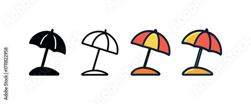 Vector icon travel beach umbrella same pose same proportions four styles black solid glyph outline minimal flat multicolor filled cartoon flat shaded.