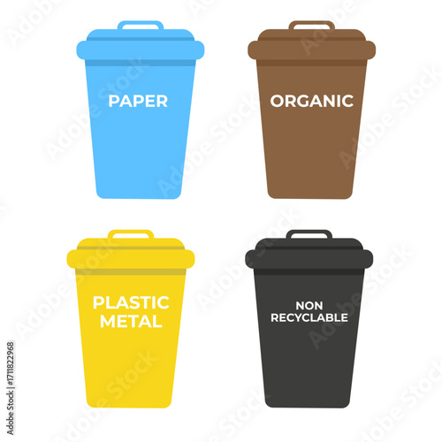 Colorful trash bins for sorting waste: organic, non-organic, plastic, metal, and paper, flat art design style.
