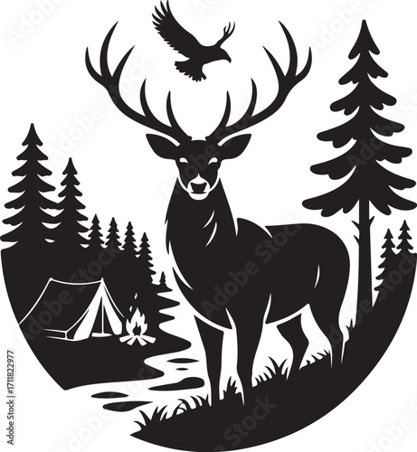 Majestic deer in forest camp with eagle soaring above