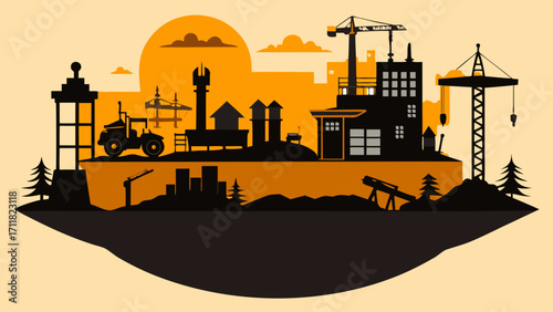 Vector art of silhouette of an industrial construction site with cranes, buildings, and equipment against a warm sunset, showcasing urban development and architecture