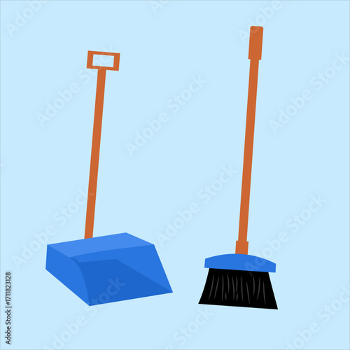 Broom and dustpan, environmental cleaning tools effective for collecting trash and maintaining cleanliness, flat art design style.
