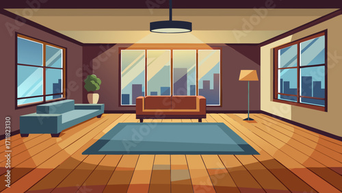 Vector art of inviting living room interior with comfortable sofas, large windows showcasing city views, and warm lighting creating a cozy and relaxing atmosphere