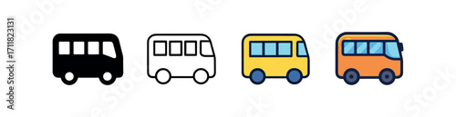 Vector icon travel bus same pose same proportions four styles black solid glyph outline minimal flat multicolor filled cartoon flat shaded.