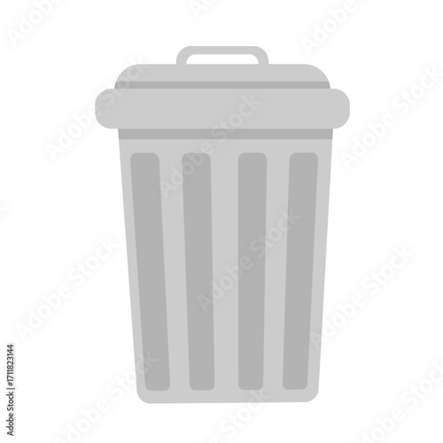 Silver-colored aluminum or metal trash bin, used for disposing of waste and maintaining environmental cleanliness, flat art design style.
