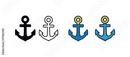 Vector icon sea anchor same pose same proportions four styles black solid glyph outline minimal flat multicolor filled cartoon flat shaded.