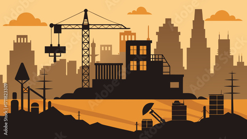 Vector art of construction site silhouette against a golden sky, featuring cranes, buildings, and industrial elements in a cityscape, creating a stark contrast