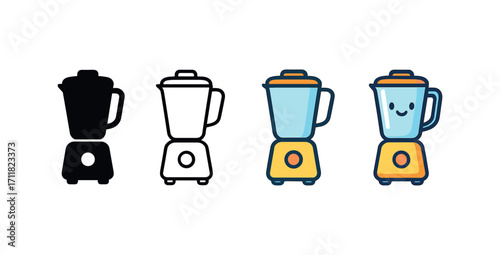 Vector icon kitchen blender same pose same proportions four styles black solid glyph outline minimal flat multicolor filled cartoon flat shaded.