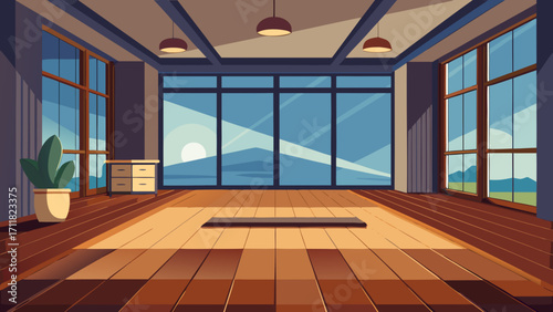 Vector art of bright and spacious yoga studio with wooden floor, large windows, and minimalist decor, creating a serene and inviting space for relaxation