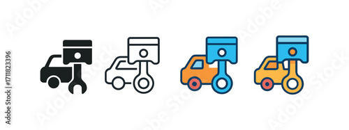 Vector icon car repair piston same pose same proportions four styles black solid glyph outline minimal flat multicolor filled cartoon flat shaded.