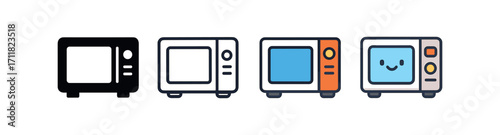 Vector icon kitchen microwave same pose same proportions four styles black solid glyph outline minimal flat multicolor filled cartoon flat shaded.