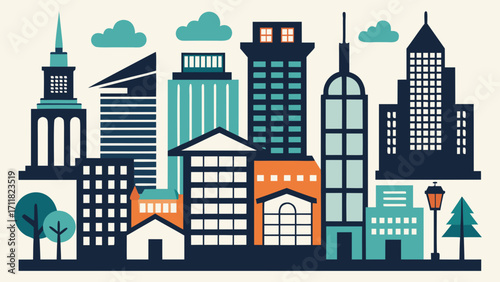 Vector art of colorful cityscape illustration, showcasing a vibrant urban landscape with various buildings and architectural elements