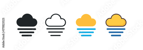 Vector icon weather fog same pose same proportions four styles black solid glyph outline minimal flat multicolor filled cartoon flat shaded.