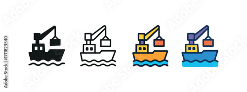 Vector icon sea port harbor same pose same proportions four styles black solid glyph outline minimal flat multicolor filled cartoon flat shaded.