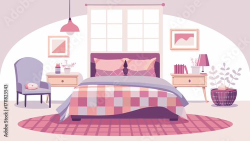 Vector art of charming bedroom interior with a bed, chair, nightstands, lamps, and decorations, creating a peaceful and inviting retreat