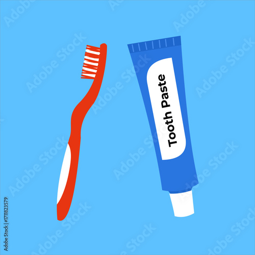 Red toothbrush and toothpaste, dental and oral care for daily cleanliness and health, flat art design style.
