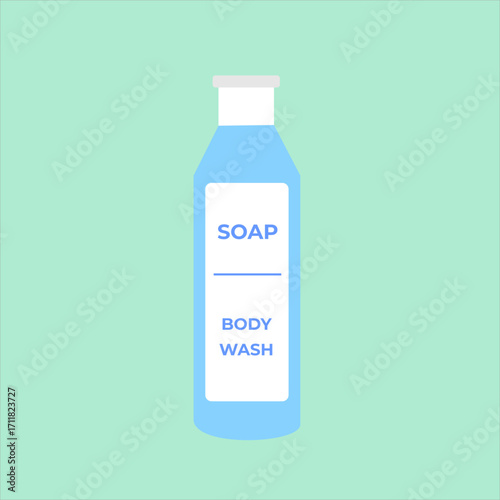 Liquid soap in a bottle, a gentle body cleanser that helps maintain healthy skin during bathing, flat art design style.
