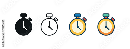 Vector icon sport stopwatch timer same pose same proportions four styles black solid glyph outline minimal flat multicolor filled cartoon flat shaded.