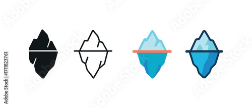 Vector icon sea iceberg same pose same proportions four styles black solid glyph outline minimal flat multicolor filled cartoon flat shaded.