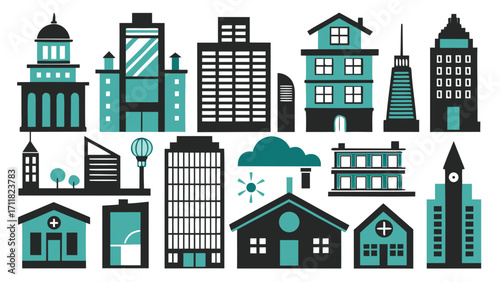 Vector art of collection of teal and black buildings, showcasing a variety of architectural styles in a modern design