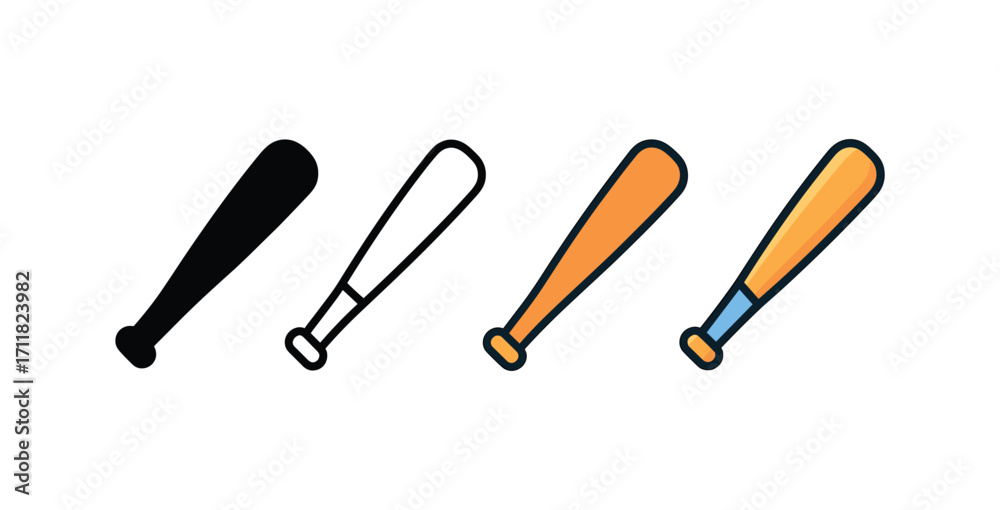 Obraz premium Vector icon sport baseball bat same pose same proportions four styles black solid glyph outline minimal flat multicolor filled cartoon flat shaded.