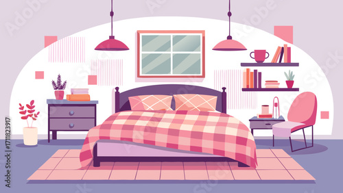 Vector art of a peaceful and inviting bedroom interior featuring a cozy bed, stylish furniture, and soft lighting to create a relaxing and comfortable space