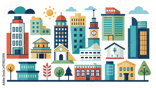 Vector art of colorful cartoon cityscape featuring various buildings, trees, and clouds, creating a vibrant and playful urban landscape illustration