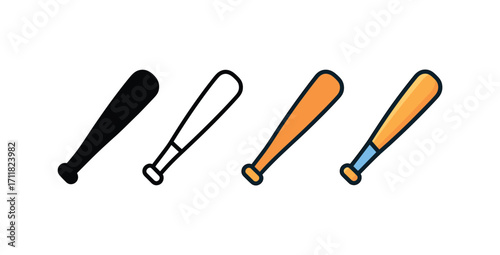 Vector icon sport baseball bat same pose same proportions four styles black solid glyph outline minimal flat multicolor filled cartoon flat shaded.