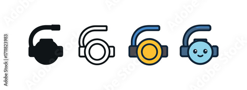 Vector icon diving regulator same pose same proportions four styles black solid glyph outline minimal flat multicolor filled cartoon flat shaded.