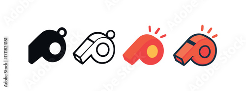 Vector icon police whistle same pose same proportions four styles black solid glyph outline minimal flat multicolor filled cartoon flat shaded.