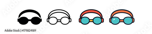 Vector icon sport swimming goggles same pose same proportions four styles black solid glyph outline minimal flat multicolor filled cartoon flat shaded.