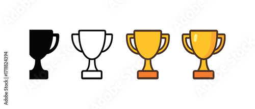 Vector icon sport trophy cup same pose same proportions four styles black solid glyph outline minimal flat multicolor filled cartoon flat shaded.