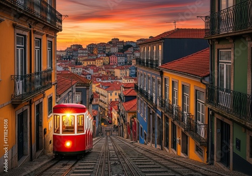 Photo of a vintage red tram ascends a steep street in lisbon, portugal, bathed in the warm glow of a sunset, capturing the citys charm and vibrant colors