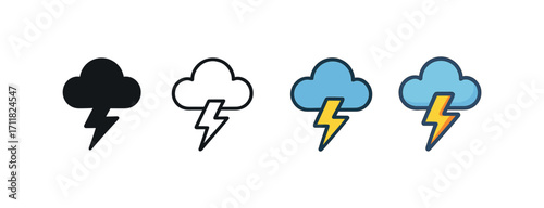 Vector icon weather storm lightning same pose same proportions four styles black solid glyph outline minimal flat multicolor filled cartoon flat shaded.