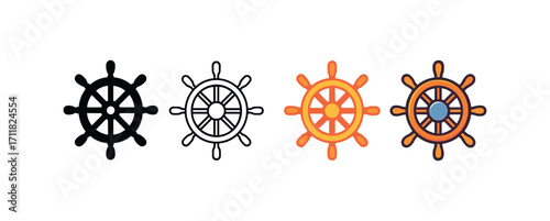 Vector icon sea ship wheel same pose same proportions four styles black solid glyph outline minimal flat multicolor filled cartoon flat shaded.