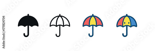 Vector icon weather umbrella same pose same proportions four styles black solid glyph outline minimal flat multicolor filled cartoon flat shaded.