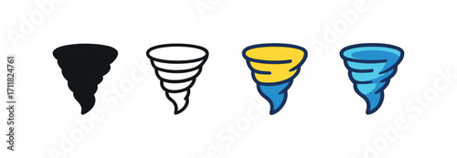 Vector icon weather tornado same pose same proportions four styles black solid glyph outline minimal flat multicolor filled cartoon flat shaded.