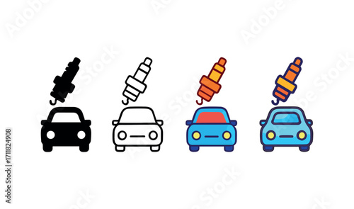 Vector icon car repair spark plug same pose same proportions four styles black solid glyph outline minimal flat multicolor filled cartoon flat shaded.