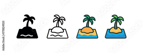 Vector icon sea map island same pose same proportions four styles black solid glyph outline minimal flat multicolor filled cartoon flat shaded.