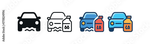 Vector icon car repair coolant same pose same proportions four styles black solid glyph outline minimal flat multicolor filled cartoon flat shaded.