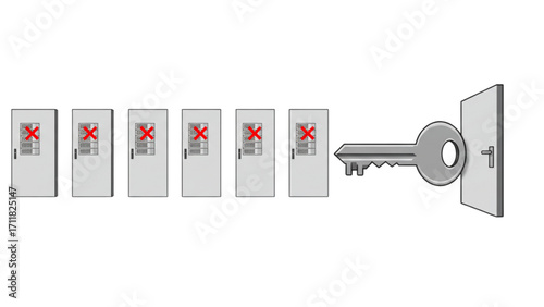 Row of Secure Gray Lockers with Red Access Denied Crosses and Single Open Door Unlocked by Golden Key: Advanced SEO-Optimized Searchable Title for Security Failure and Success Metaphor Illustrations